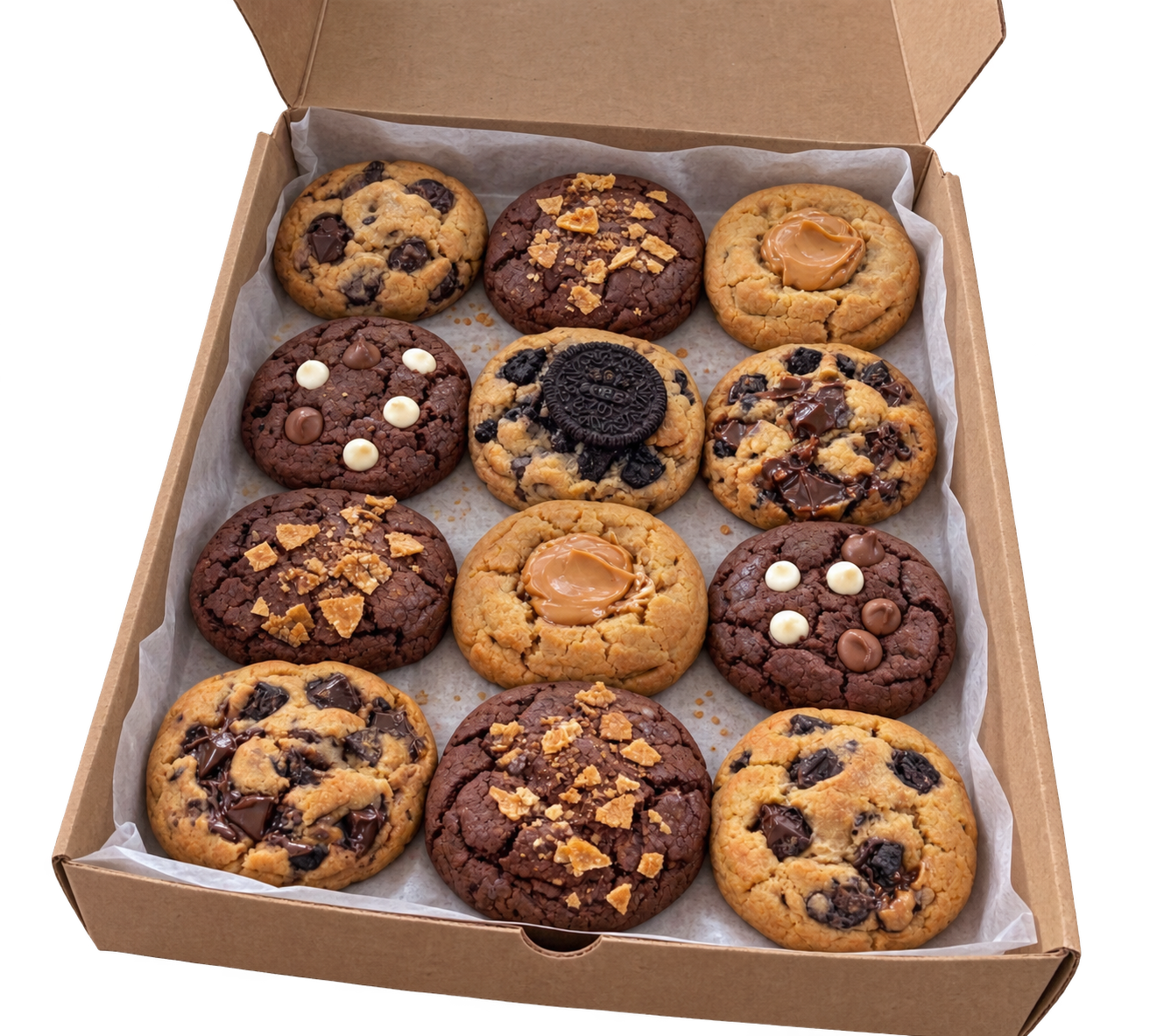 Open bakery box of assorted gourmet cookies ready to build your own