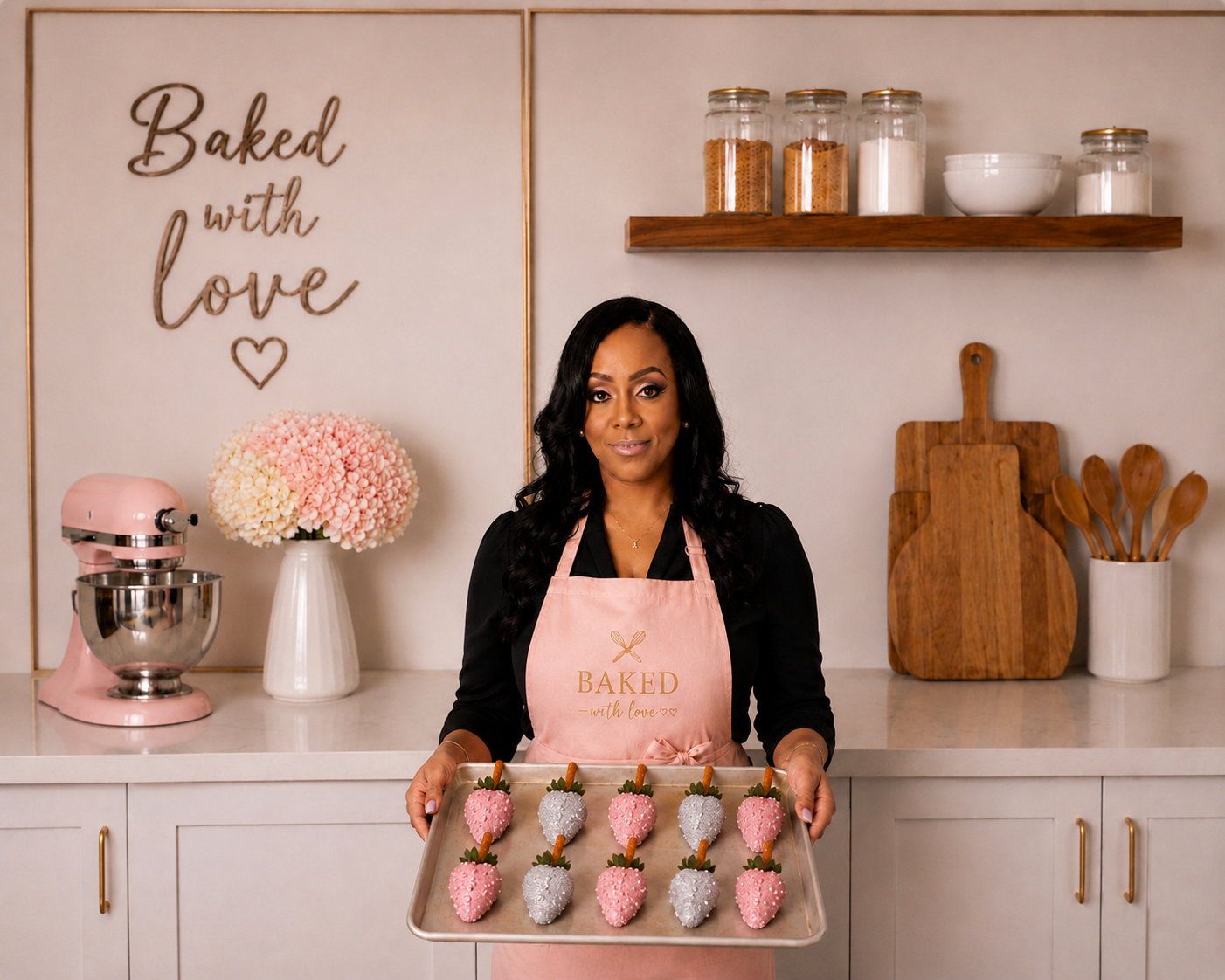 The baker behind Pretty Candied Bakery holding a fresh tray of cookies